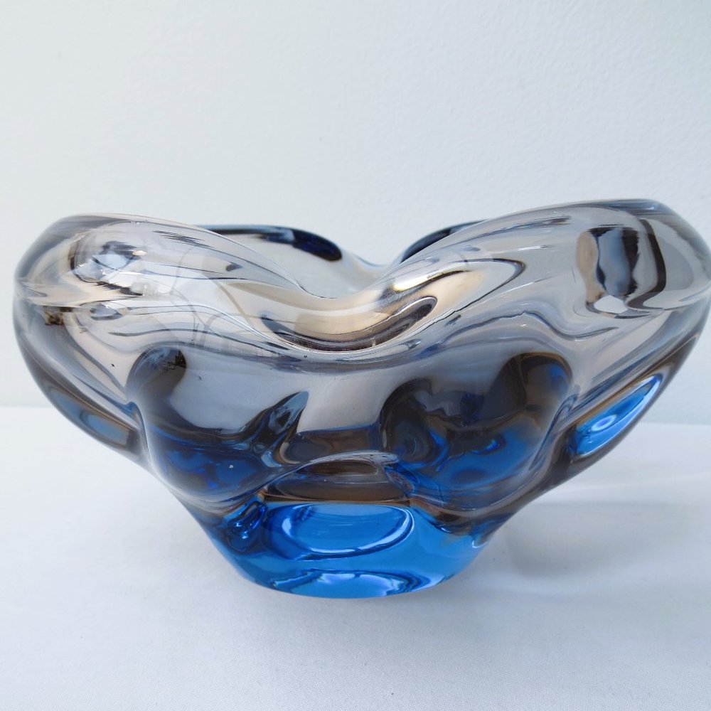 Unusual Blue and Lilac Large Vintage Murano Blown Glass Bowl, Italian, Seguso.